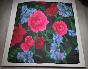 Silk Scarf – Roses & Violet Floral Design – Hand-Rolled Hem