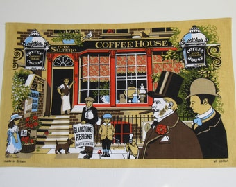 Vintage British Cotton Old Illustration Late 19th-Century Victorian Street Wiew Made In Britain Retro Tea Towel