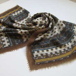 ROBERTO CAPUCCI Vintage Designer Scarf Abstract Floral Stripes Shade Of Brown, Mustard, Teal Blue, Off-white, Fringed Edges, 53&#39;&#39; Polyester