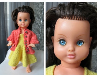 Vintage 60's France Alta Moda Charming Bella Doll Hand-Knitted Dress & Cardigan, 30cm Tall Plastic Girl Doll Long Hair Sleeping Blue Eyes