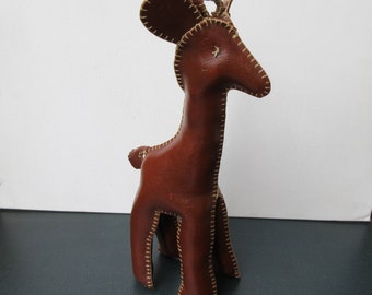 31cm Brown Leather Hand-Sewn Stitched Giraffe Stuffed Animal Figure Toy