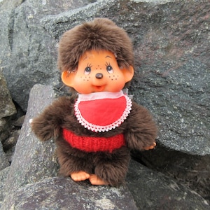 Vintage Monchhichi Monkey Doll: Hand-Painted Face, Brown Woven Fur (H 18cm)