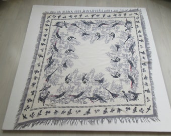 Designed by Julie Fagerholt Heartmade Vintage Birds Scarf, Soft Cotton in Gray and White, Fringed Edges