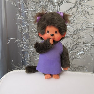 Vintage Monchhichi Sekiguchi Doll: 20cm Pacifier Monkey, Purple Dress