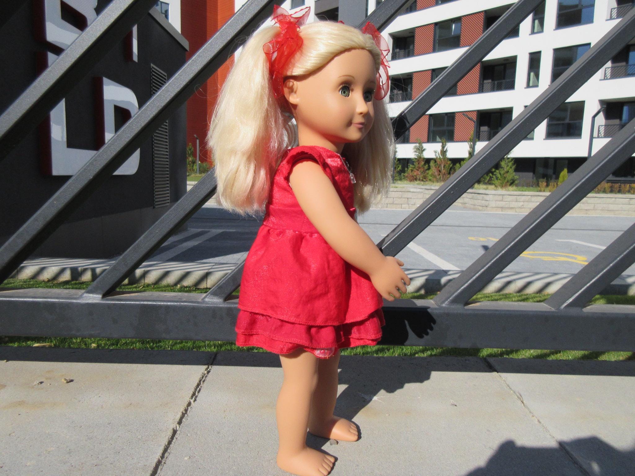 our generation doll red dress Our Generation Luz 18" Doll with Red & Green Holiday Sweater Dress Outfit (Brunette)