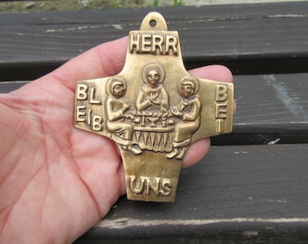 Vintage German Solid Cast Bronze Old Communion Cross Last Supper ''Herr Bleib Bei Uns'', Collectible Cross, Mid-Century Wall Hanging Cross