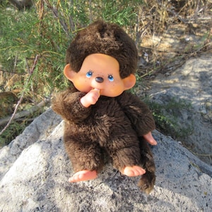 May include: A vintage Monchhichi doll, featuring a brown plush body and a tan face with blue eyes. The doll is posed with its finger in its mouth, sitting on a gray rock. The background includes green foliage and a sunny outdoor setting.