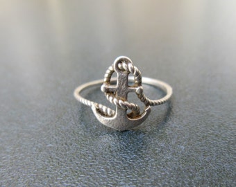 Vintage Silver Anchor / Rope Ring, Ladies Sailors Anchor Ring, Nautical Jewelry, 925 Sterling Silver