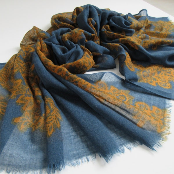 Vintage JIGSAW Extra Large Fine Floral Wool Scarf, Prussian Blue & Mustard Color, Reversible, 195cm X 100cm