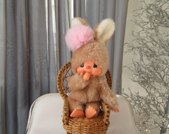 Vintage Monchhichi Sekiguchi Beige-Caramel Bunny/Rabbit Sucking A Pacifier, Pink Ribbon, Original Label, 26cm Tall Monkey Doll モンチッチ