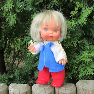 Vintage Late 50&#39;s Italian Furga Cowgirl Plastic Doll, H:21cm, Hand-Painted Eyes, Movable Head Arms & Legs, Original Outfit, Rare Collectible
