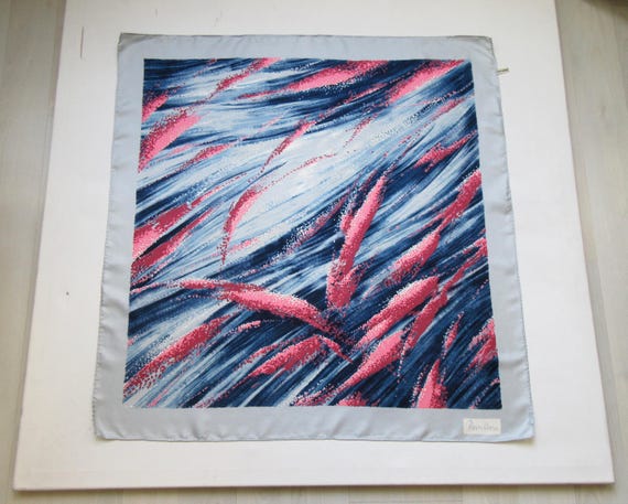 PAPILLON Pure Silk Scarf - Abstract Design - Blue Pink - Hand-Rolled Hem - Vintage