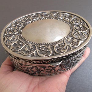 Vintage Ornate Heavy Oval Silver-Plated Hinged Trinket Jewelry Box With Navy Blue Satin Lining, Jewelry Casket, Ring Box, 412g