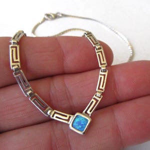 Vintage Greek Key-Μαίανδρος Fire Rainbow Blue Opal 925 Sterling Silver Necklace, Lucky Greek Jewelry