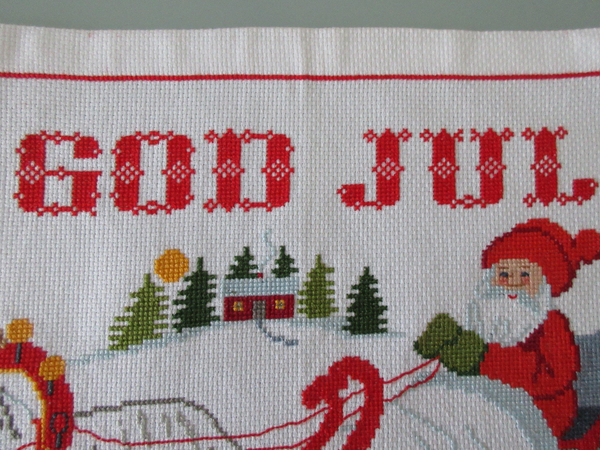 Sweden＊GOD JUL＊Christmas tapestry・* Vintage Norwegian Christmas Tapestry: God Jul Embroidered Wall