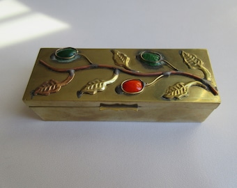 Antique Qing Brass Trinket Box: Chinese Grape Vine & Leaf Design