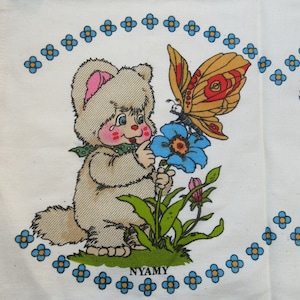 Vintage NYAMY Monchhichi Print Cotton Tea Towel 38.58&#39;&#39; x 11.81&#39;&#39; Made in Brazil Centerpieces Tablecloth