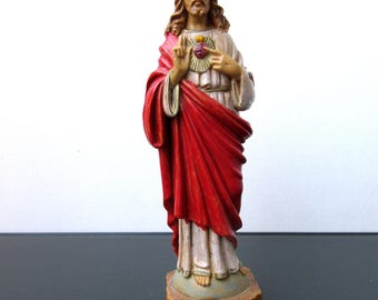 Vintage Hand-Painted Italian Sacred Heart of Jesus Figurine, 15 cm Resin Catholic Icon Figure