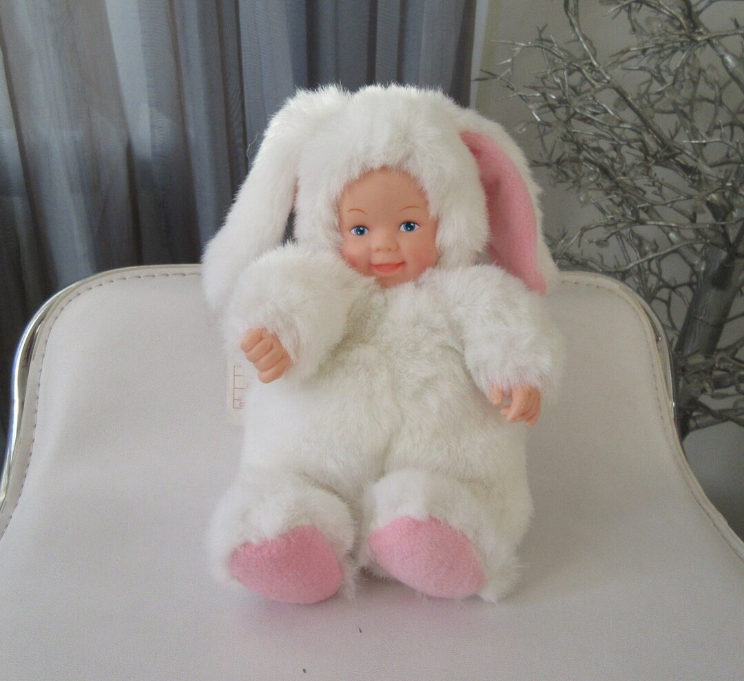 Anne Geddes White Fluffy Bunny Doll, Long Ears, Furry Bunny Outfit ...