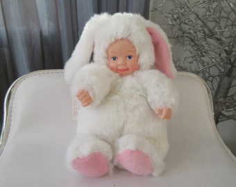 Anne Geddes White Fluffy Bunny Doll, Long Ears, Furry Bunny Outfit, Collectible Doll, Easter Gift