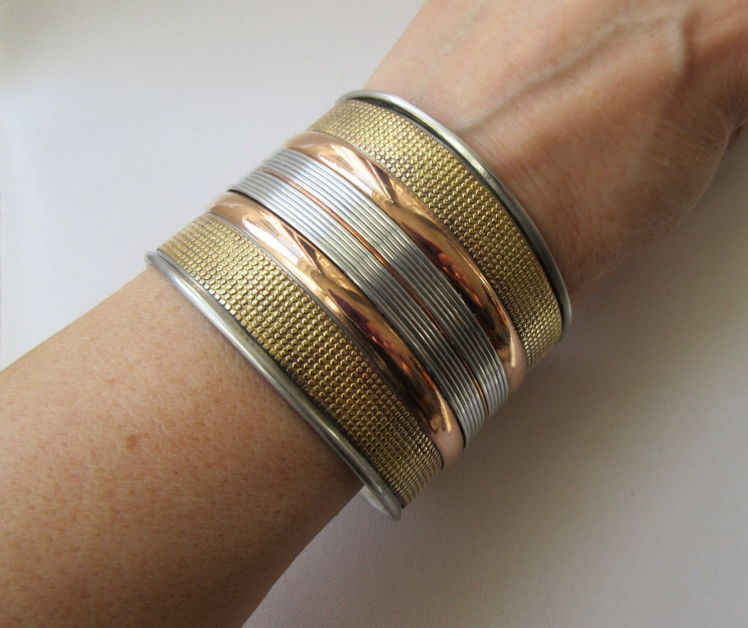 Bracelet Manchette Tressé Tricolore Vintage - Argent, Laiton, Cuivre - Fait Main Thaïlande