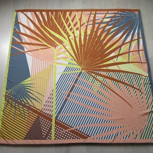 Vintage French Scarf by Galeries Lafayette Tropical Pattern Jungle Abstract Palm Leaves, 100 x 96 cm