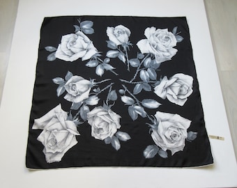 Vintage French Black Silk Scarf On White Roses Exceptional Production Lyon Made in France, 74cm Square Shape