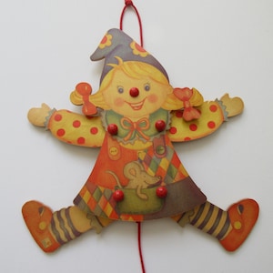 Vintage Wooden Clown Marionette Girl Jumping Jack String Puppet Wall Hanger Made in Germany by Selecta Spielzeug, Jointed, 32cm Tall