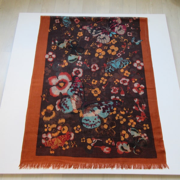 vintage Manorama Shawl Magnifique 100% Fine Laine Mérinos Butterfly & Flowers Design Extra Large Colorful Scarf 180cm x 70cm