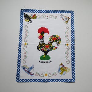 Vintage Portugal Rooster Tea Towel: Folk Art Kitchen Decor