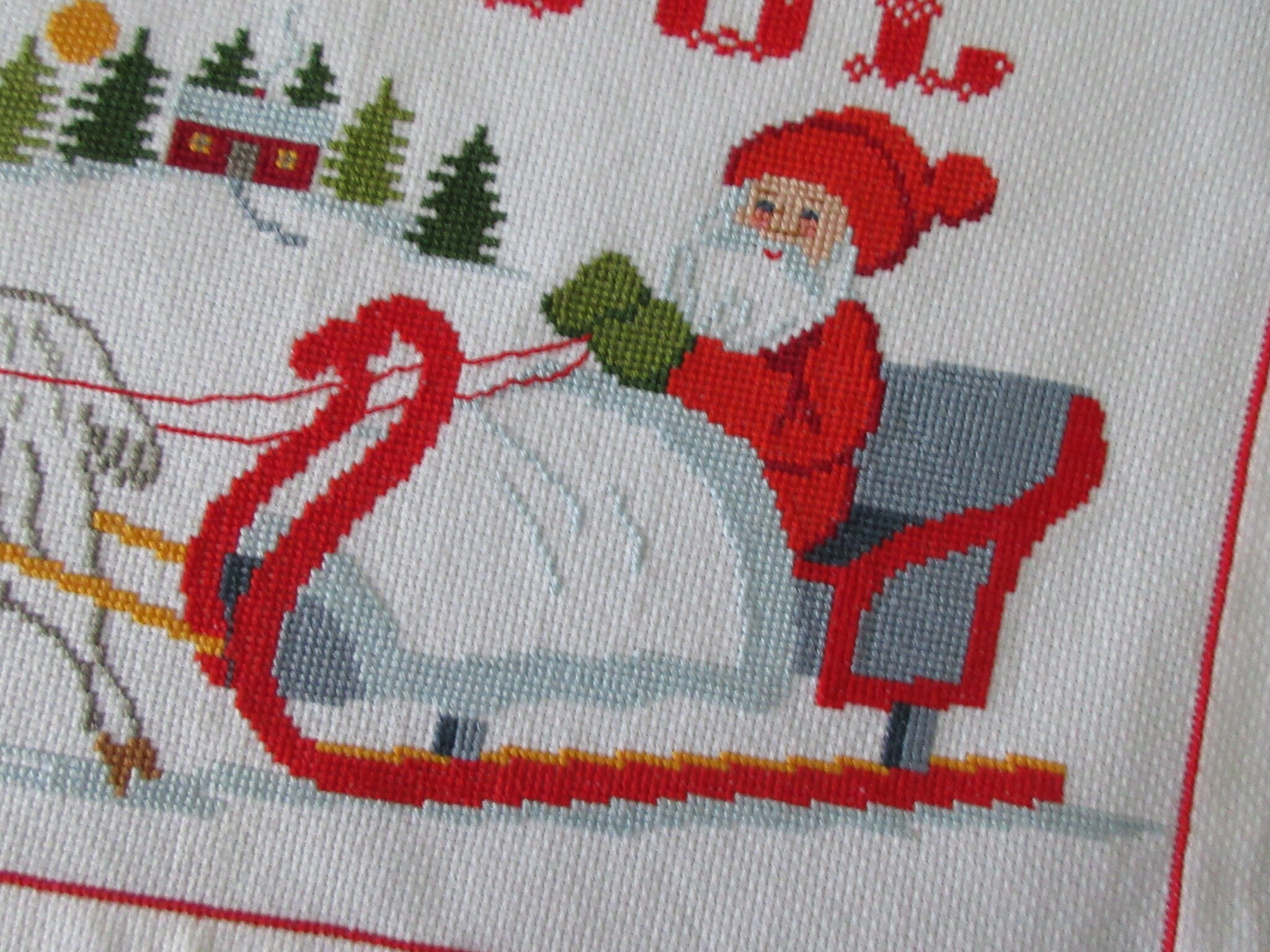 Vintage Swedish Christmas Embroidery: GOD JUL Santa Sleigh Cross