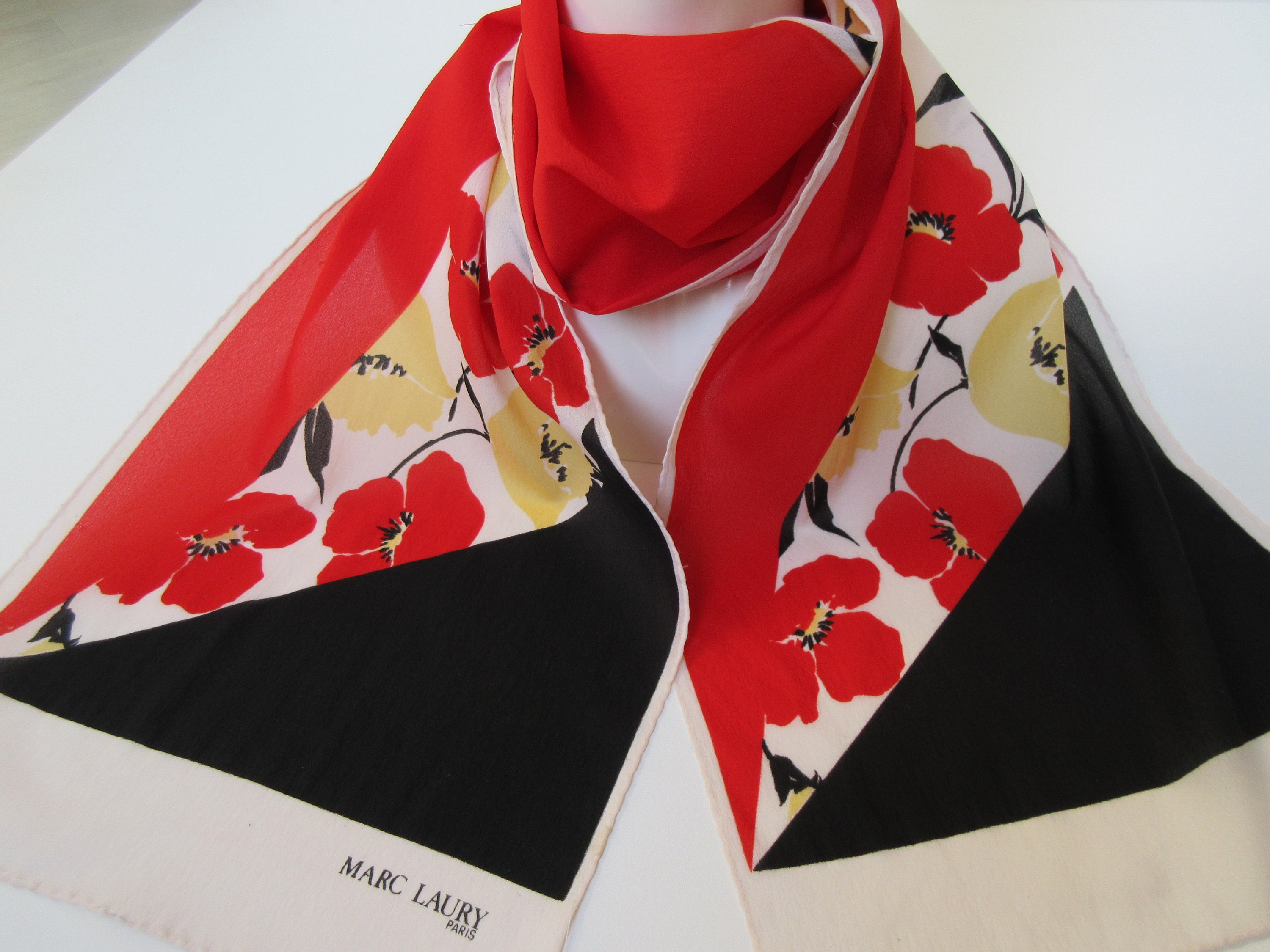 Marc Laury Paris Vintage Poppy Flowers Scarf: Red Black White