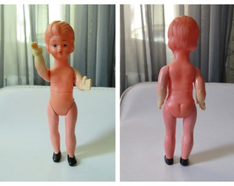 Vintage 50's German Rubber Doll Molded Hair Movable Arms And Legs, Rare Collectible Doll, 15cm Tall