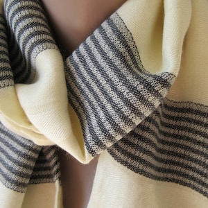 Noa Noa Gorgeous Super Mellow Long Double Striped Scarf Creamy & Grey 140cm x 30cm