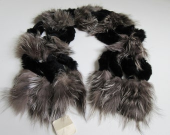 Handmade Silver Fox & Black Rabbit Fur Scarf, Natural Ethically Sourced Luxury Winter Shawl
