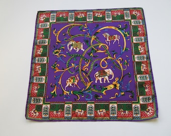 Vintage Lucky Scarf, Horse Elephant and Camel Trio Indian Animal Silk Scarf Indian Traditional Pattern, Hand-Rolled Edges Neck Scarf