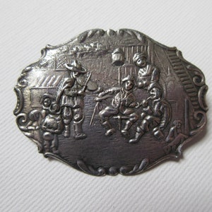 Antique Dutch Large Pin Brooch Depicting A Festive Scene, Silver Tone