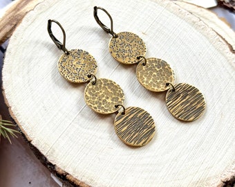 Cycle of Life Earrings - Hammered Brass - Yule Collection - Textured Triple Circle Design