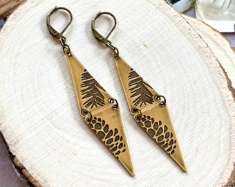 Triangle Woodland Harmony Earrings - Etched Brass - Yule Collection - Pinecone and Pine Branch Design