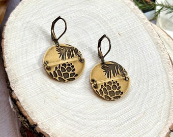 Circle Woodland Harmony Earrings - Etched Brass - Yule Collection - Pinecone and Pine Branch Design