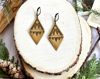 Forest Reflection Earrings - Etched Brass - Yule Collection - Trees and Moon Design