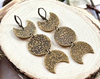 Large Triple Moon Earrings - Hammered Brass - Yule Collection - Textured Triple Moon Design