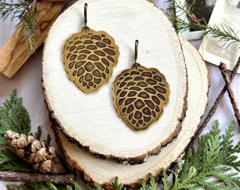 Pinecone Statement Earrings - Etched Brass - Yule Collection - Pinecone Design