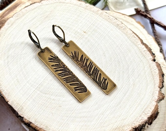 Pine Bough Vertical Bar Earrings - Etched Brass - Yule Collection - Pine Branch Design