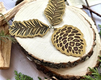 Pinecone Statement Necklace - Etched Brass - Yule Collection - Pinecone and Pine Branch Design