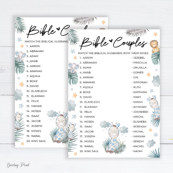 Biblical Couples Game, Bible Couples Quiz, Church Bridal Shower Games, Bible Couples Game, Christian Catholic Animal theme bridal shower