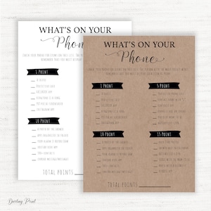 What&#39;s in your phone baby shower game, What&#39;s On Your Cell Phone, Printable Rustic Games, Fun kraft printable Baby Shower, instant download