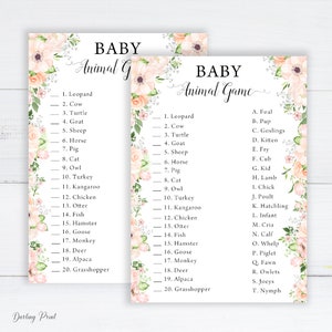 Baby animal games baby shower, Name That Baby animal Shower, Pink blush Guess Baby Animals card, rose Theme Baby Shower, rose rose shower