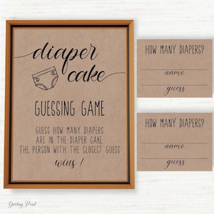 Diaper Cake Guessing Game, guess how many diapers, Printable diaper cake guessing game, Rustic Baby Shower Games, kraft, instant download