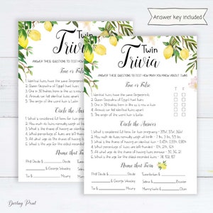 Twin Trivia Baby Shower Games, TRUE or FALSE- Twins Trivia Baby Shower Game, Lemon Twin Trivia Games, Citrus Fun Twin Quiz, Instant Download
